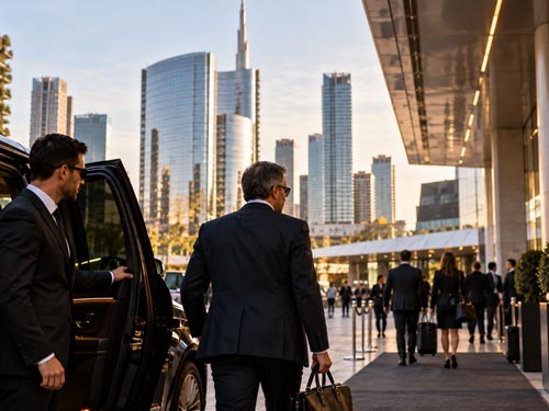 Transfer per Eventi a Milano: Quando la Puntualità Diventa Immagine Aziendale: persona che scende dall'auto in centro a milano